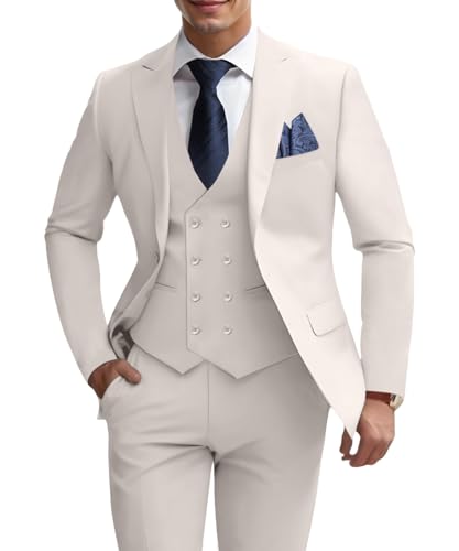 Mens 3 Piece Slim Fit Suit Set, Double Breasted Blazer Vest Pants Business Tuxedo Dress