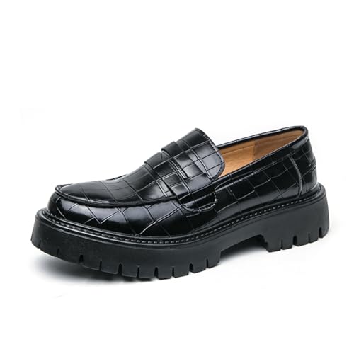 Men's Crocodile - Embossed Upper Loafers, Classic Round - Toe, Chunky - Heel, Slip - on Design and Glossy - Surface Business Casual Formal Shoes