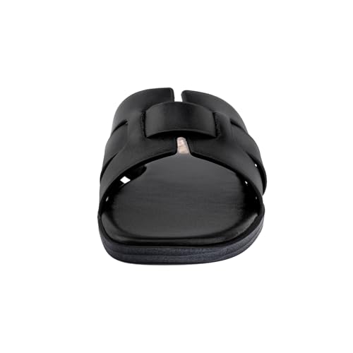 Image of Flat Sandals for Women Comfortable Slip On Dressy Summer Leather Slides with Square Open Toe