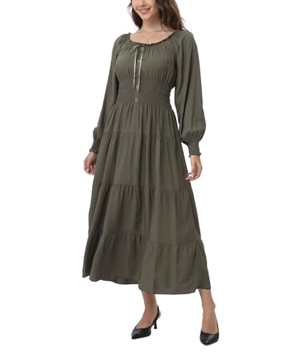 Image of OSTOO Women's 2026 Casual Long Sleeve Square Neck Smocked High Waist Flowy Maxi Dress,Boho Tiered Beach Party Dress