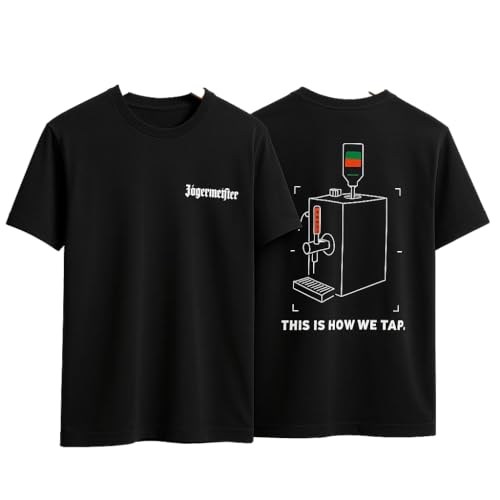 Jägermeister T-Shirt Herren Größe L Schwarzes Fan-Shirt mit Front- & Rückenprint This Is How We Tap | Ideal für Freizeit Events & Festivals