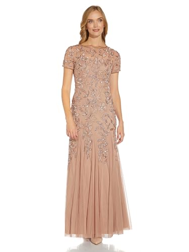 Image of Adrianna Papell Women's Beaded Gown with Godets - Floor Length Gown with Floral Embellishments & Cap Sleeves