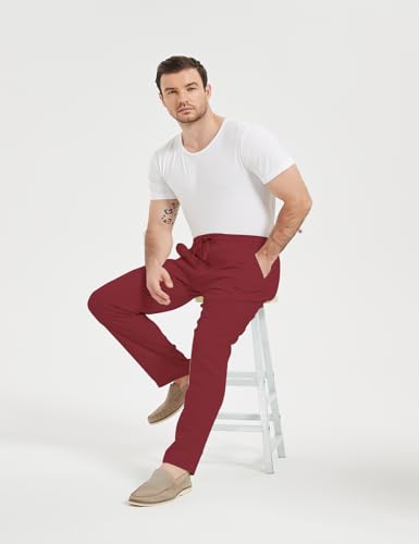 Isle Bay Mens Casual Linen Pants Relax Fit Elastic Waist Straight Leg Comfy Lounge Long Trouser Drawstring Straight Pant3