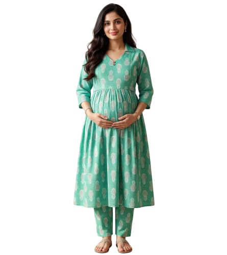 Image of DUMMY SHAPE Maternity Dresses for Women Cotton | Floral Kurta Pant Dupatta Set with Nursing Zippers, Side Pocket | Pre & Post Pregnancy | Feeding Kurti Suit | Baby Shower | Gifts for Pregnant Woman