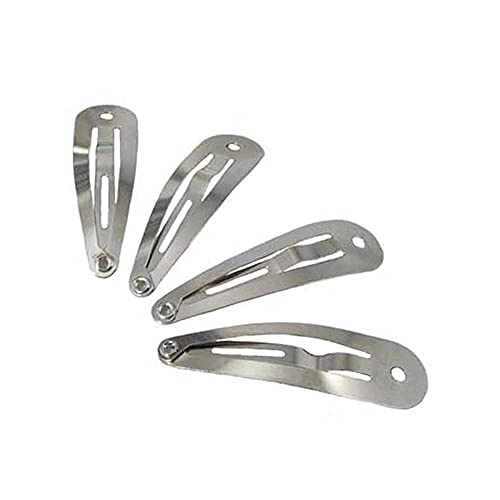 100 Snap Hair Clips - Silver Metal Tear Drop Shape with Hole - 50mm