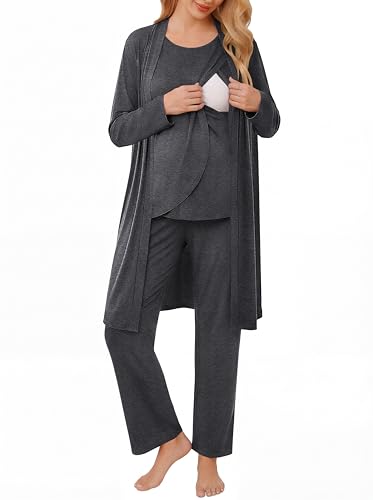 Image of Ekouaer Maternity Nursing Robe Set 3 Pieces Sleeveless Top, Pregnancy Pants & Robe Double Layer Pajamas S-XXL