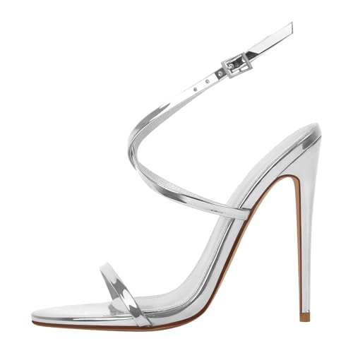 Image of Strappy High Stiletto Heels, Ankle Strap Buckle Heeled Womens Sandals, Sexy Comfort Open Round Toe Heels for Daily Party Dress
