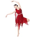 ODASDO Lyrical Dance Costumes for Women Modern Contemporary Dancewear Sequin Chiffon Fairy Handkerchief Dress Leotard One-Piece Bodysuit Adult Ballet Recital Solo Ice Skating Ballroom Dark Red L