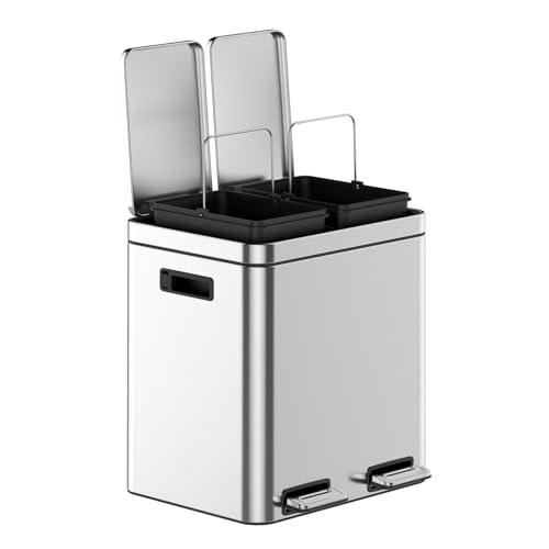 GarveeHome 8 Gallons Rectangular Recycling Trash Can with 2 Compartments, Silver, 30 Liters (4+4Gallons)