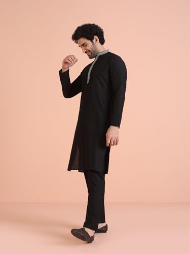 Image of KISAH Men's Navy Blue Printed Cotton Kurta - Regular Fit Long Tunic with Mandarin Collar | Ethnic Wear for Weddings & Festive Occasions