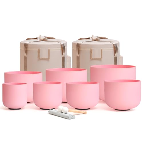 CVNC 432HZ 6-12 Inch Pink Color Frosted Quartz Crystal Singing Bowls Chakra Set of 7 with Carry Case Bags for Sound Healing and Meditation