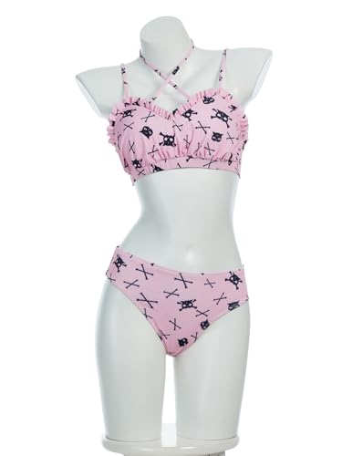 haikyuu Women Skeleton Swimsuit Goth Two Piece Swimsuit with Skirt Pink Halter Bikini Gothic Bathing Suit2