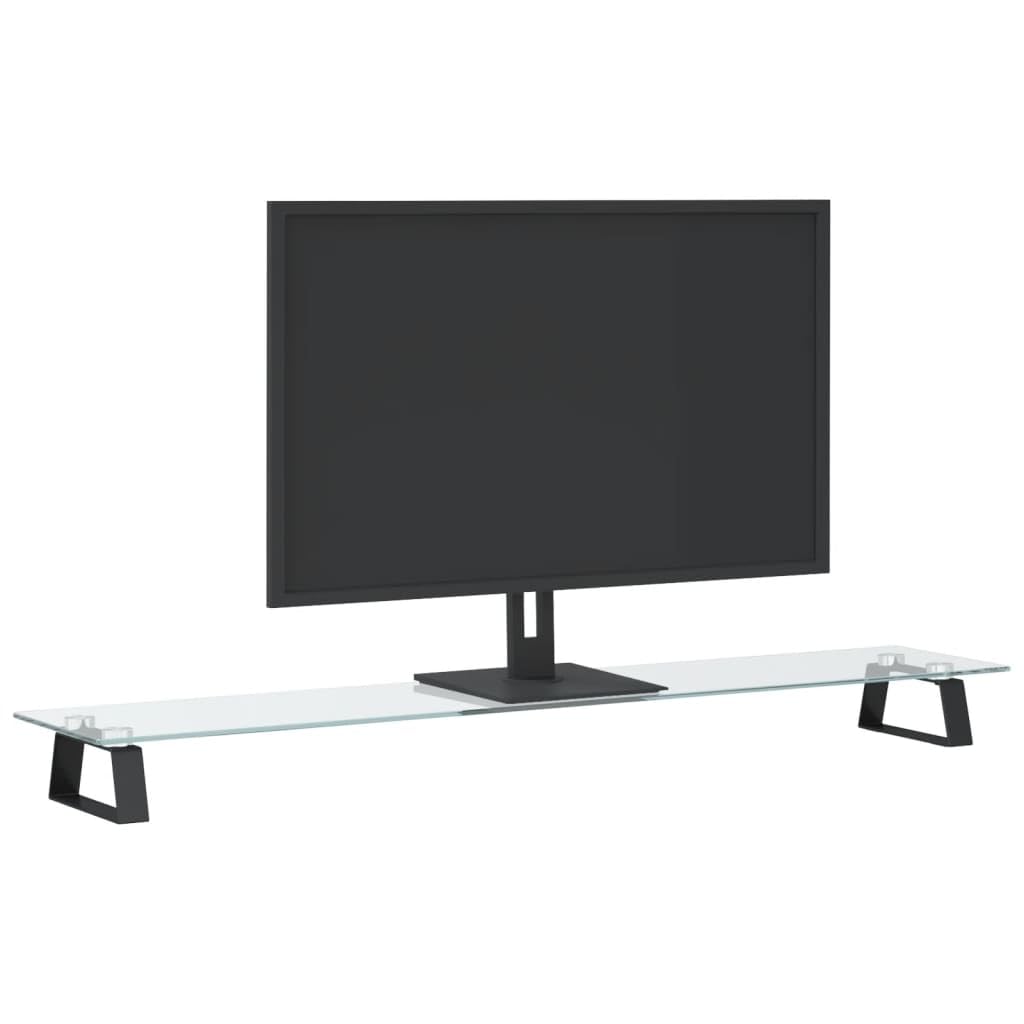 Supporto per monitor nero, 100 x 20 x 8 cm, in vetro temperato, in metallo, regolabile in altezza, ergonomico, per ufficio, casa, gaming, scrivania, gestione dei cavi, ripiano, inclinabile