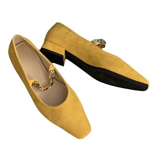 Mary Jane Ballet Flats for Women Square Toe Low Block Heel Metallic Strap Suede Vintage Shoes Comfortable Retro for Office Work Casual