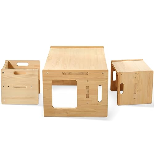 Image of GKOKG Montessori Weaning Table and Chair Set - Wood Weaning Table and 2 Chairs, Solid Wooded Toddler Table, Kids Montessori Furniture for Arts & Crafts Snack Time Playing Study
