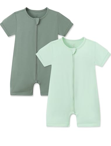 Image of JunNeng Baby Boy Girl Pajamas 2 Pack Rayon from Bamboo Summer Sleeper Infant Short Sleeve Zipper Footless One-piece Romper