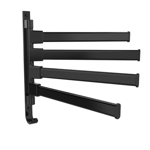 Swivel Towel Rack, 4 Arm Wall Mounted Towel Bars with Hook Space Saving Towel Bars for Bathroom Kitchen (Black, Square)