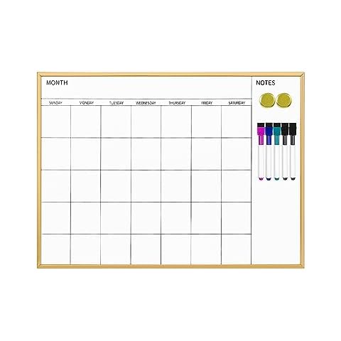 VUSIGN Magnetic Monthly Calendar Whiteboard, 17'' x 23'' Dry Erase Calendar for Wall Office School Home, Gold Wooden Frame Cover