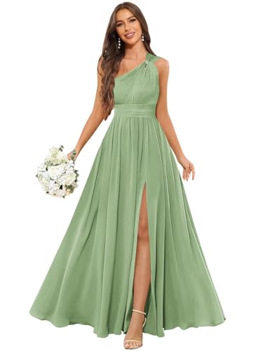 OFEECHUN Women's Chiffon One Shoulder Bridesmaid Dresses Long Pleated A Line Evening Formal Gown with Slit