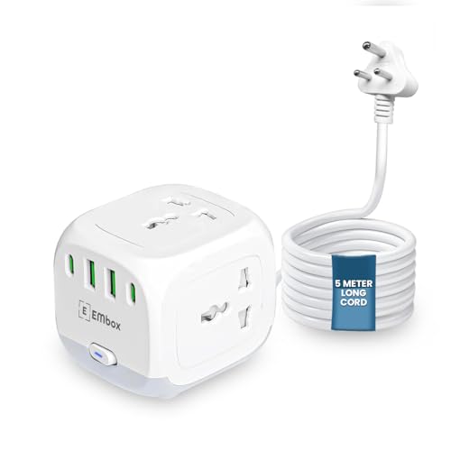 Image of Embox 20W Extension Board 5 Meter Cable | 2500W Extension Cord with 4 Universal Sockets & 6 USB Ports(3 Type A+3 Type C)| Extension Board with USB Surge Protector Safety Shutter LED Indicator