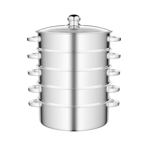 Vaporera de Acero Inoxidable de 5 Capas y 28 cm for cocinar al Vapor, Olla de Vapor de Acero Inoxidable, Cesta de Acero for Sopa de Verduras con Tapa para Verduras, Mariscos