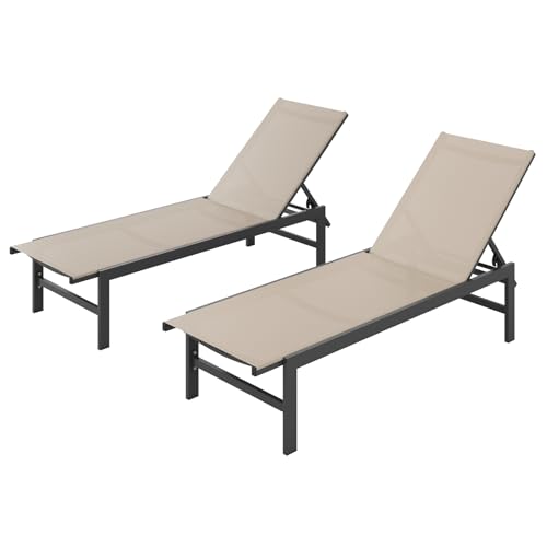 Vexwalx Outdoor Lounge Chairs Set of 2, Aluminum Patio Chaise Lounge Chairs with 5-Position Recliner, Pool Lounge Chairs for Backyard, Poolside, Deck, Lawn (Khaki)