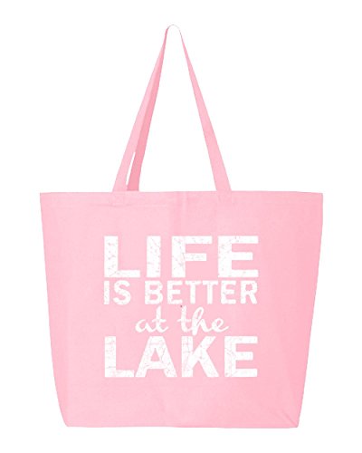 Shop4Ever Life is Better at the Lake Heavy Canvas Tote Sayings Reusable Shopping Bag 10 oz Light Pink -Pack of 1- Jumbo