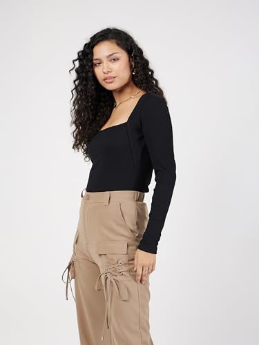 Image of SASSAFRAS Women's Slim Fit Full Sleeves Rib Square Neck Ribbed Basics - Casual Ribbed T-Shirt Tops