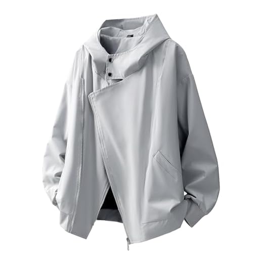 GURUNVANI Jaqueta masculina de cor sólida com capuz e zíper unissex, casaco corta-vento esportivo grande, Cinza claro, M