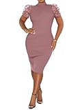Fastkoala Women Elegant Ribbed Bodycon Dress Flower Lace Short Sleeve Solid Color Midi Dress Skinny Pleated Dress Party Night Club Dresses Grey and Purple 2XL