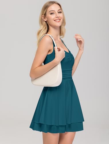 Image of IWD Women's Square Neck Sleeveless Mini Dress Ruched Waist Tiered Ruffle Hem A Line Short Dresses