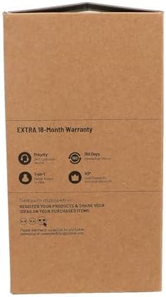 Side of the brown cardboard box, detailing 'EXTRA 18-Month Warranty' and other features like 360 days, VIP, and product registration.