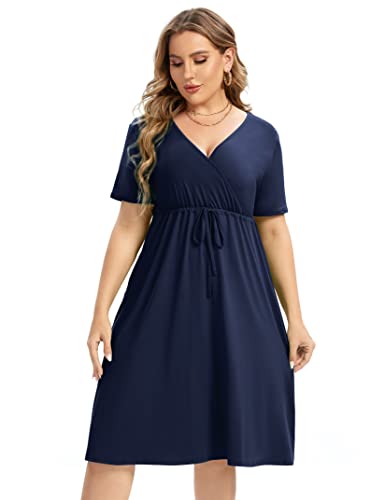 Image of ShopWonder Plus Size Dress Women's V Neck A-Line Knee Length Wrap Swing Dresses Plus Size A Line Party Mini Dress