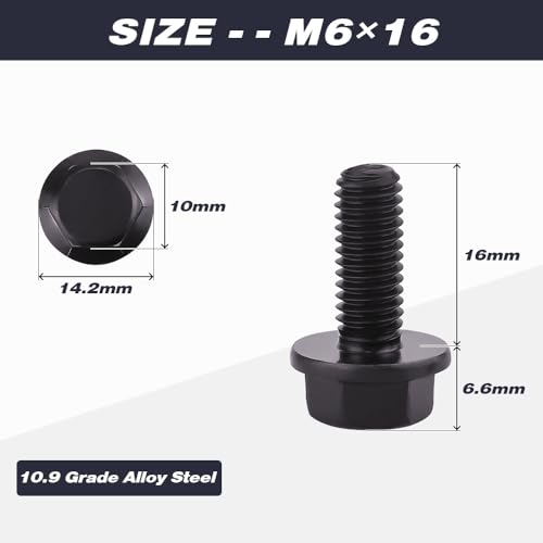 Image of M6-1.0 x 16mm (25 pcs) Flanged Hex Bolt Screws Black Oxide Finish, 10.9 Grade Alloy Steel, Large Flange Washer Head Bolt, DIN6921 /GB5789, Full Thread