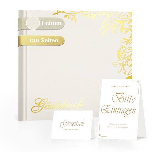 Foliom Gästebuch Set Hardcover Elfenbein 20x20 cm 120 Seiten Blanko Leinen & Goldfolie mit Tischschild & Willkommenskarte für Hochzeit Geburtstag Taufe Jubiläum & Party