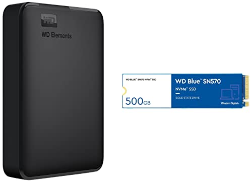 Image of Western Digital WD 5TB Elements Portable Hard Disk Drive, USB 3.0, Compatible with PC, PS4 and Xbox, External HDD & WD Blue ¢ SN570 NVMe ¢ 500GB SSD, Upto 3, 500 MB /s Read, with Free 1 Month