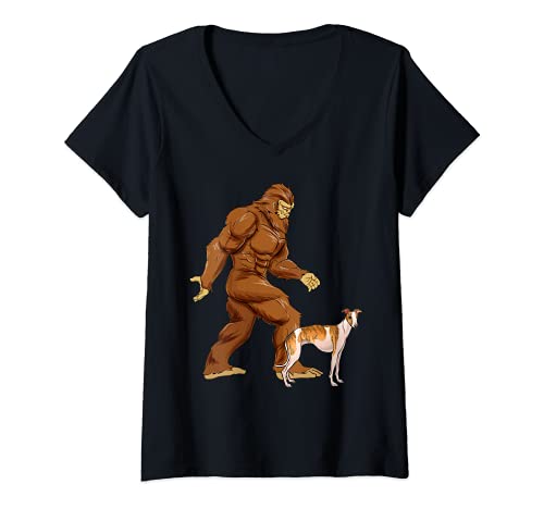 Womens Funny Bigfoot Walking Whippet Sasquatch Dog V-Neck T-Shirt, Black