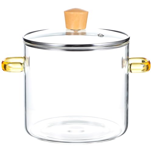 Genérico Olla de Vidrio Transparente Tapa de Madera y Asas Dobles, 2300 Ml, Resistente a Altas Temperaturas para Cocinar Sopa, Guisar y Conservas en Estufa