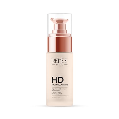 RENEE Pro Hd Foundation For All Skin Types – Pine,Seamless Hd Full Coverage With Matte Finish|Highly Blendable Formula With Spf30 |Enriched With Aloe,Coffee,Chamomile&Vitamin E Lotion,30 Ml