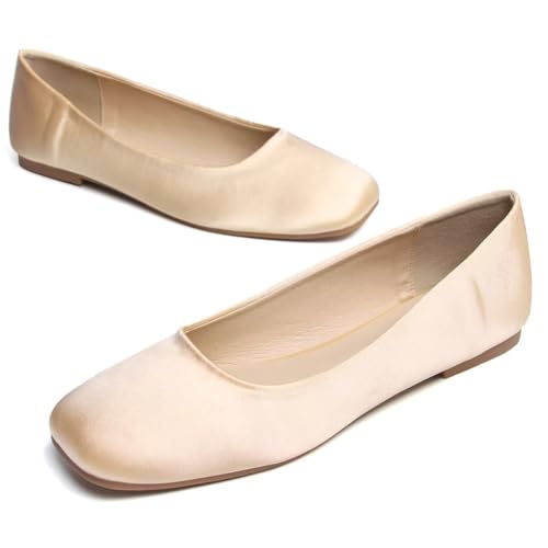 Hee grand Women's Flats Square Toe Ballet Shoes Casual Flats Satin Dress Shoes Comfort Slip-On Loafers
