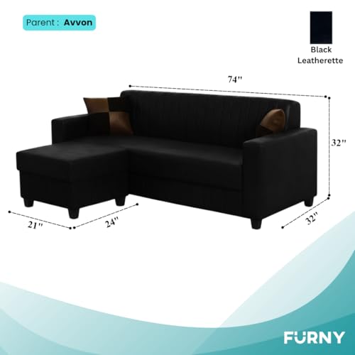 Image of FURNY Gracina 4 Seater L Shape Sofa Set with Movable Ottoman | Flexible Left or Right Layout | Premium Leatherette Upholstery (Black) | Perfect for Living Room, Guest Room & Office