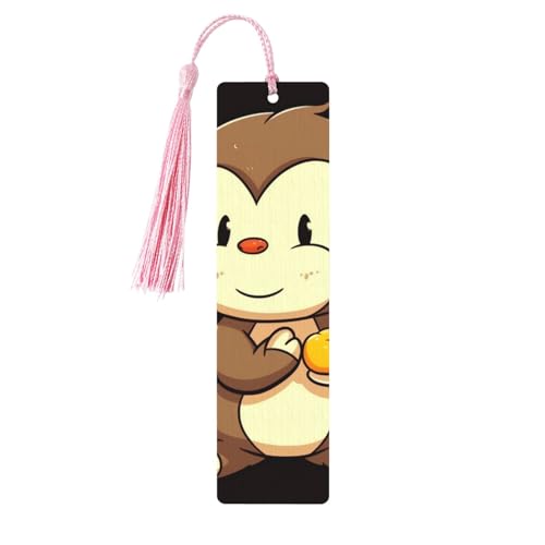 しおり 木製 しおり 穴とタッセル付き 木製タグ 漫画 猿 ホールディング フルーツ 木製 クラフト しおり ヴィンテージ しおり オーナメント 木製ブックマーク 女性用 男性 本好きの方 ギフト ピンク