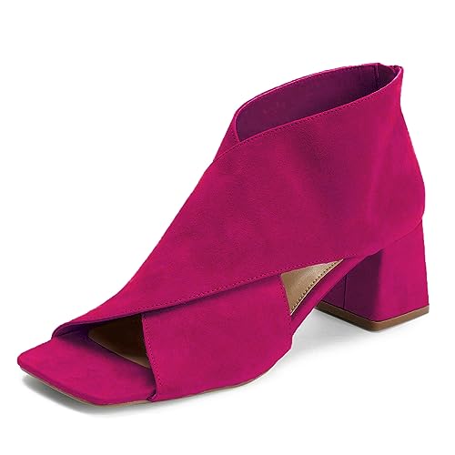 LEHOOR Women Chunky Heel Open Toe Booties Suede Side Cut-Out Ankle Boots Square Peep Toe 2 Inch Block Mid Heels Dress Heeled Sandal Booties Back Zipper Summer Casual Size 4-11 M US