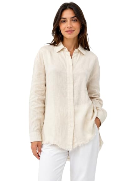 nobarr Women's Cream Cotton Blend Shirt | Collared Long Sleeve Loose Fit Casual Stretch Shirt Top-picture-26