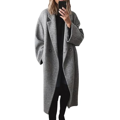 Shffuw Trajes De Agua Para chaqueta Acolchada Mujer Abrigo de lana cruzado de invierno para mujer, gabardina larga con solapa con muesca y manga larga Chubasquero Mujer Largochaqueta (Grey, XXL)