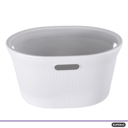 Image of Superio Ribbed Collection - Decorative Plastic Laundry Basket with Cut-Out Handles, White Smoke (2 Pack) Hamper Organzier for Bedroom Bathroom College Dorm Room 35 Liter