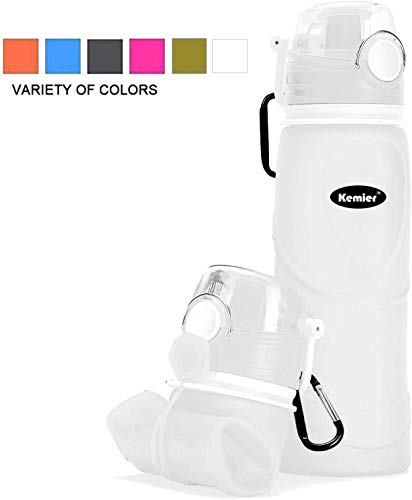 Kemier Botellas de Agua de Silicona Plegables750ML,Calidad Médica Libre de BPA.Puede Enrollarse hasta 26 oz,Botellas de Agua Plegables a Prueba de Fugas para el Aire Libre y Deportes (Blanco)