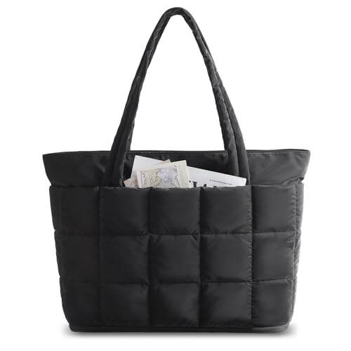 Bolso tote acolchado para mujer, ligero, negro con cremallera, ideal para trabajo, viaje, gimnasio y uso diario miniatura 1