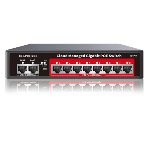 Image of 8 Port Gigabit PoE Switch with 2 Gigabit Uplink, 120W Built-in Power, 802.3af /at Compliant, Managed PoE+ Switch Support VLAN, QoS, Fanless Metal, Plug and Play(Desktop /Wall Mount)