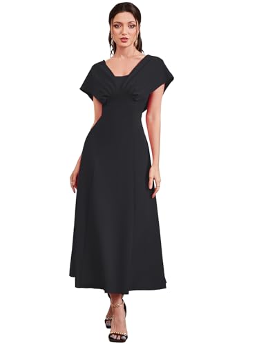 Image of Shasmi Women's & Girl's Solid A-Line Maxi Dress | V-Neck Pleated Bodice | Cap Batwing Sleeves | Fit & Flare Evening Gown (Dress 274)